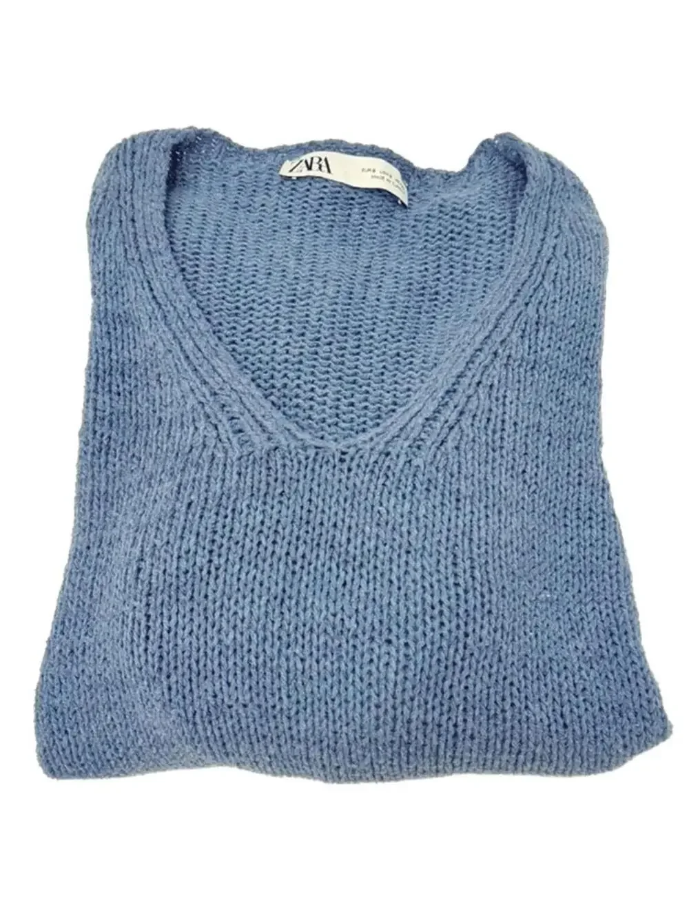 Zara Women's V-Neck Knit Sweater Blue Oversized Soft Pullover Women's Size Small